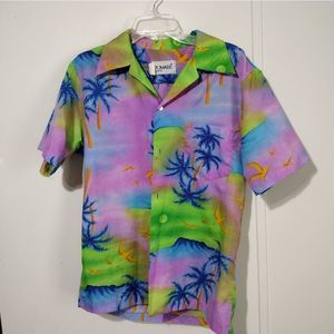 Hawaiian shirt m L purple green blue palm trees button pocket men's women's
